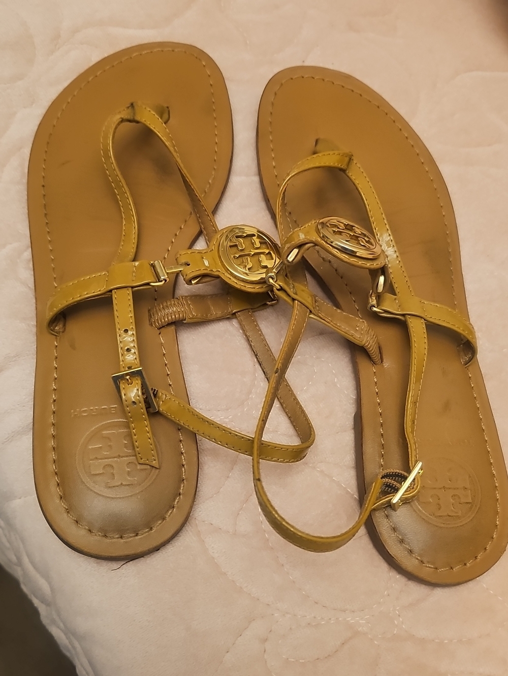 Tory Burch Mustard Leather Logo T-Strap Sandals